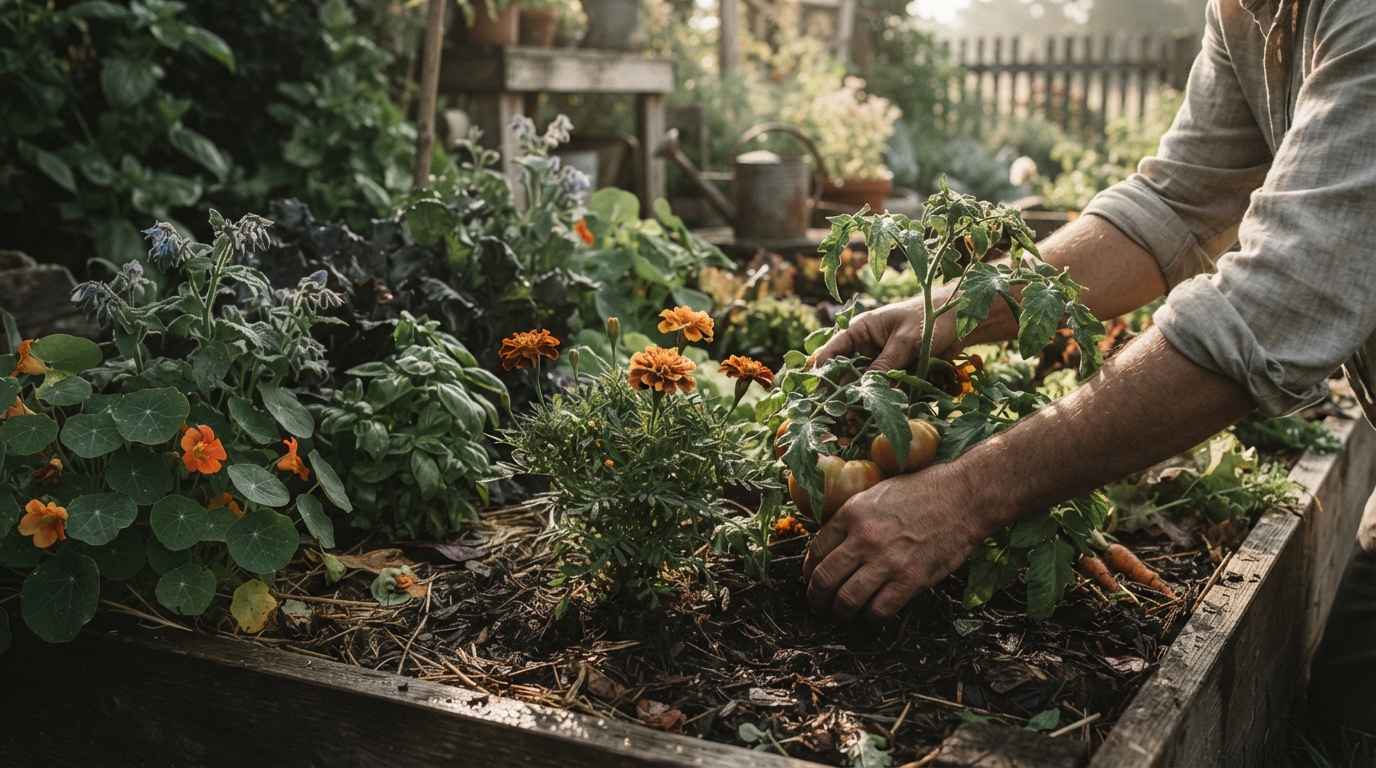 Editorial illustration for Companion Planting for the Heirloom Garden: Which Pairings Work, and Why