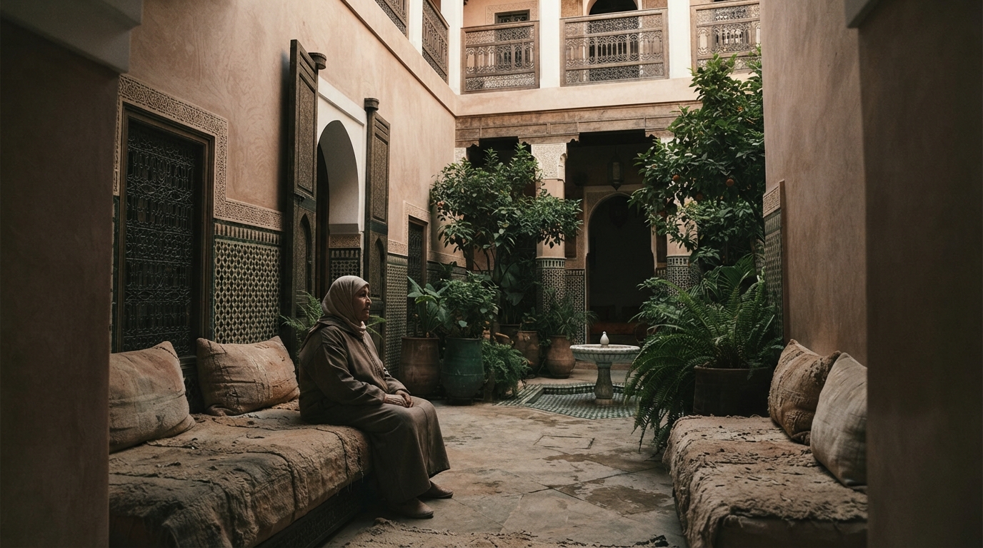 Editorial illustration for Inside the Walls: How the Moroccan Riad Turns Privacy, Family, and Climate Into Architecture