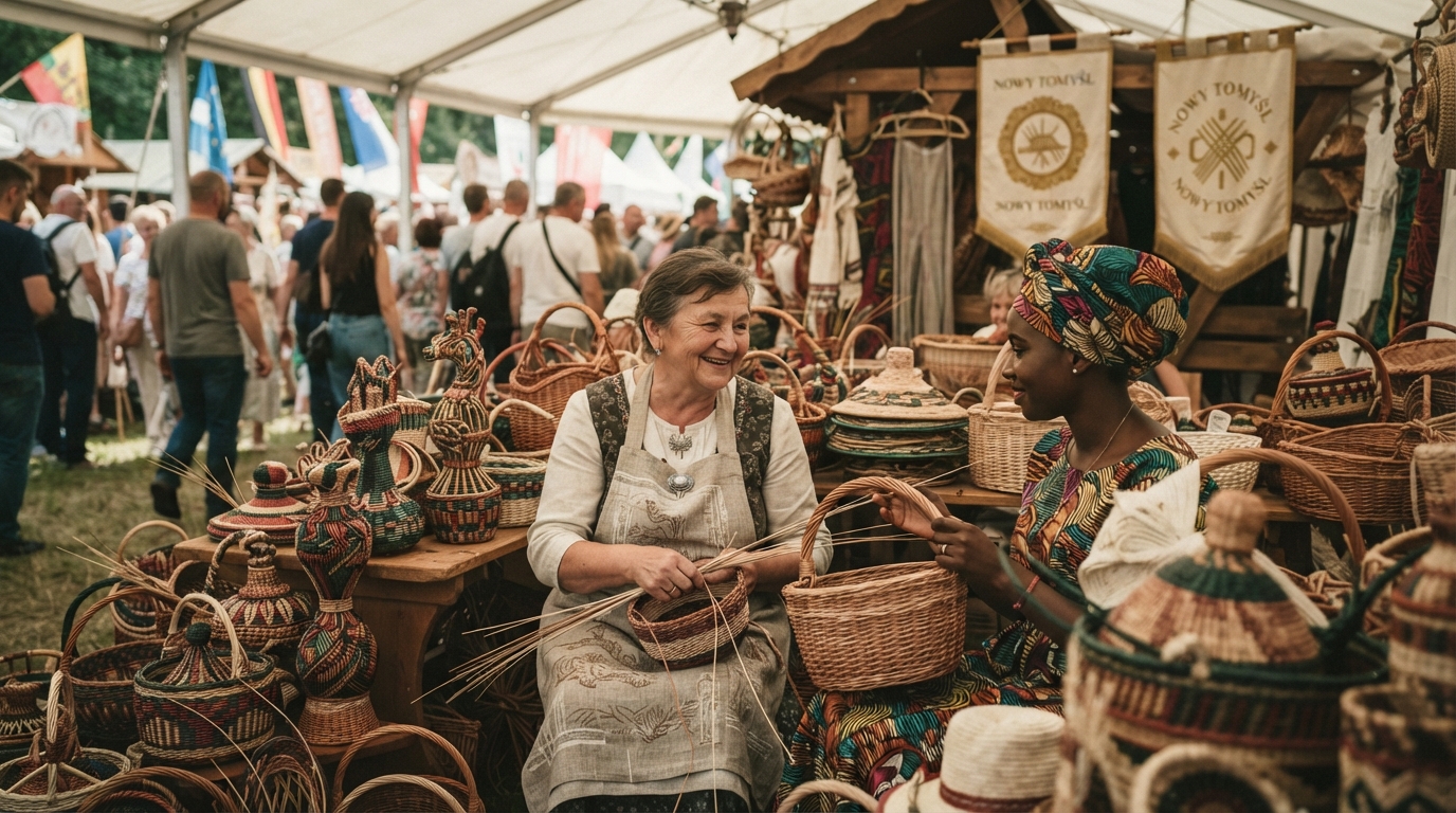 Artisans from 66 countries showcase traditional wicker and weaving crafts at the World Festival in Nowy Tomyśl, Poland, fostering global sales.