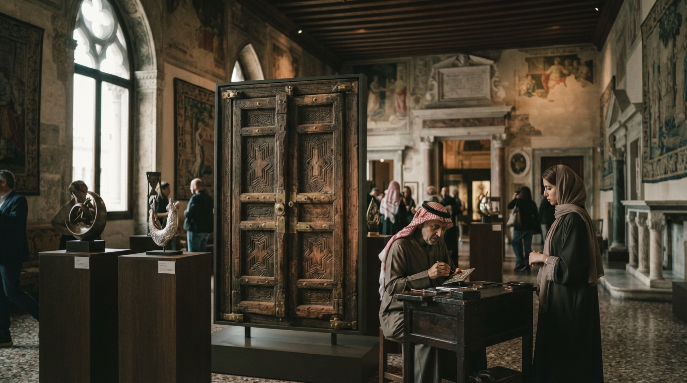 Saudi artisans exhibiting intricately carved Najdi doors and contemporary metalwork at the Venice Biennial, showcasing traditional craftsmanship on a global stage.